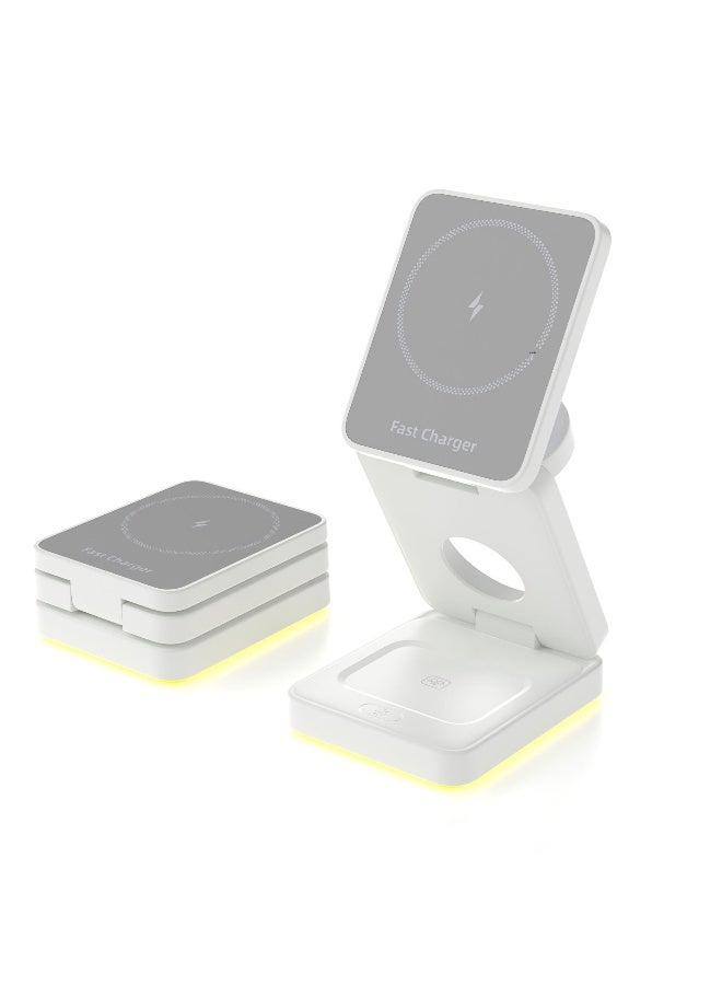 15W 3-in-1 Wireless Charging Station – A Sleek, Foldable Charging Base With An Illuminated Stand, Designed For MagSafe-Compatible Devices. Efficiently Powers Your Smartphone, Smartwatch, And AirPod